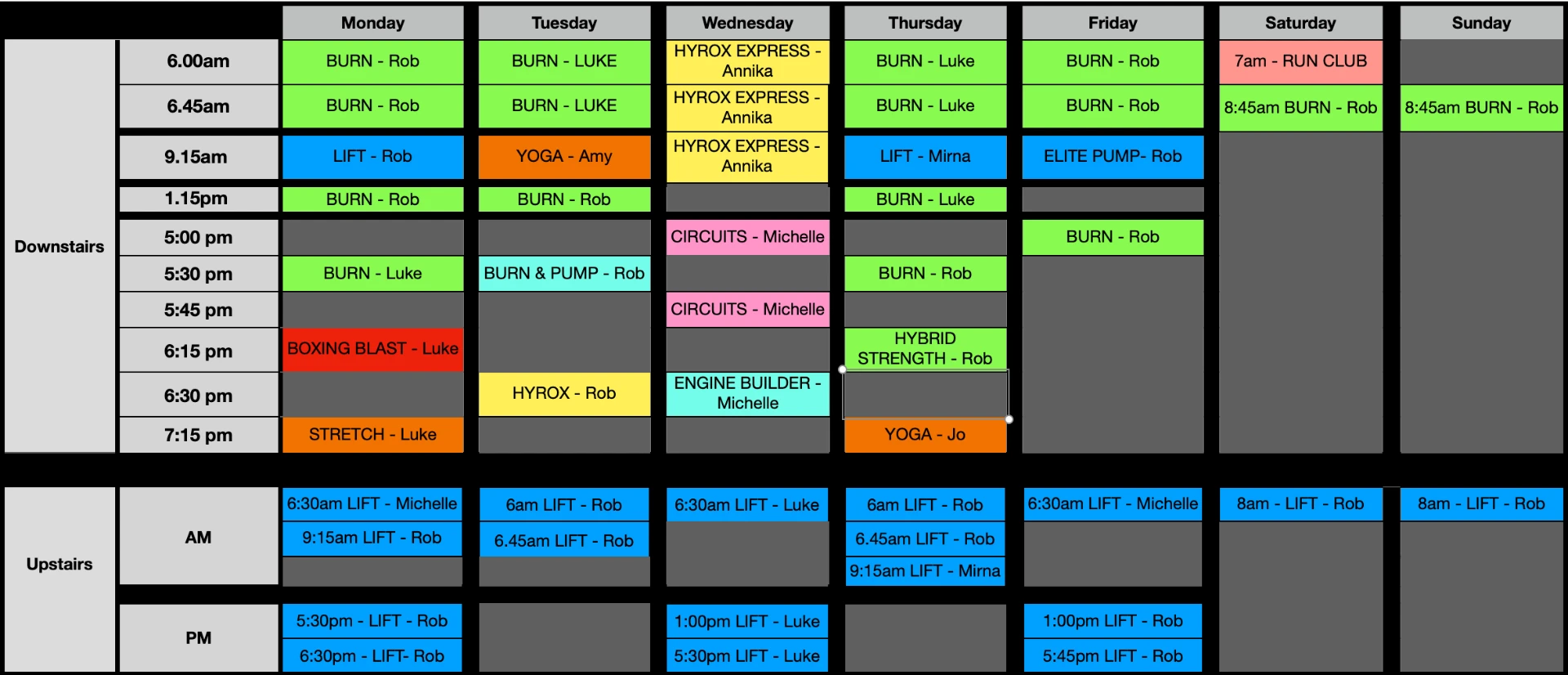 Train Elite weekly class timetable